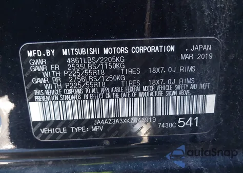 2019 Mitsubishi Outlander Se из США, поврежденный, VIN JA4AZ3A3XKZ043919